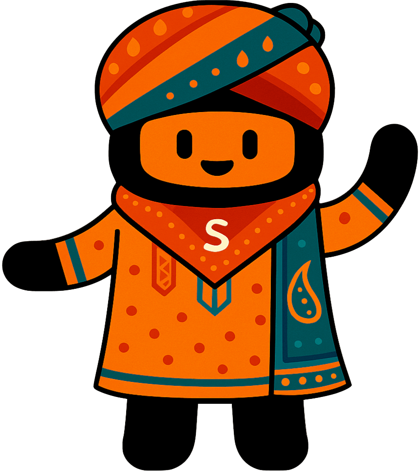 Finx Rocks mascot of a rock smiling and using a laptop